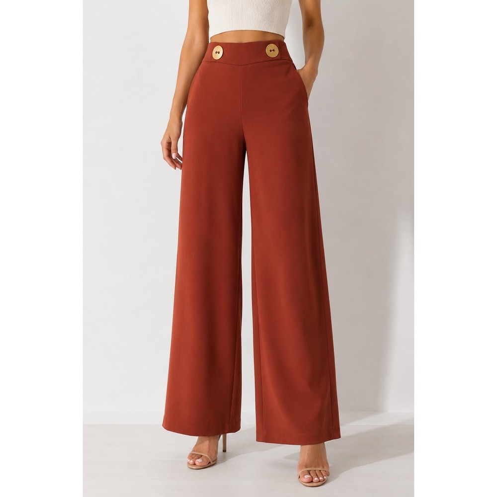Zara Woman Rust Wide Leg High Waist Pants Gold Button Trouser XS